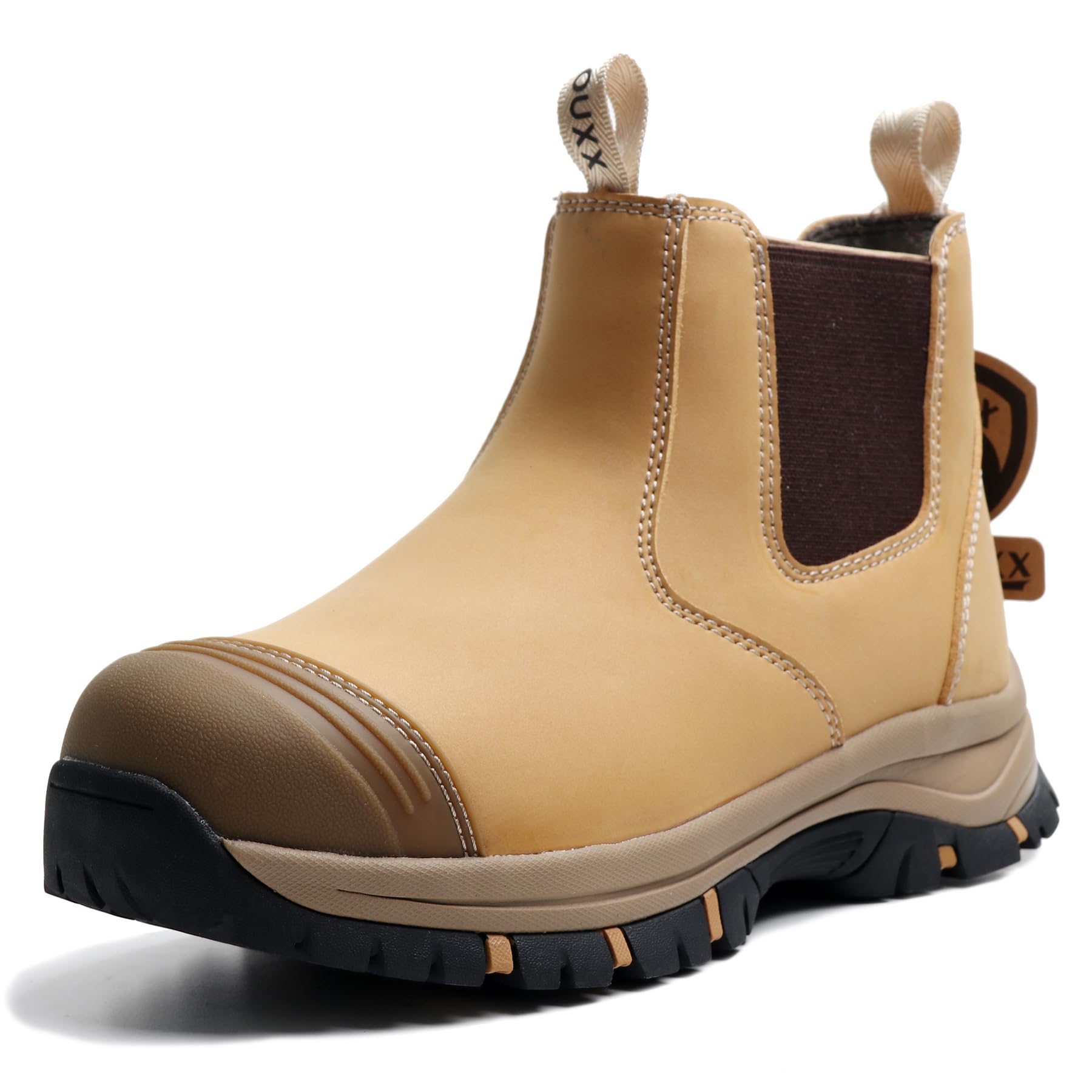 OUXX Work Boots for Men, Steel Toe Rubber Leather Slip-on Safety